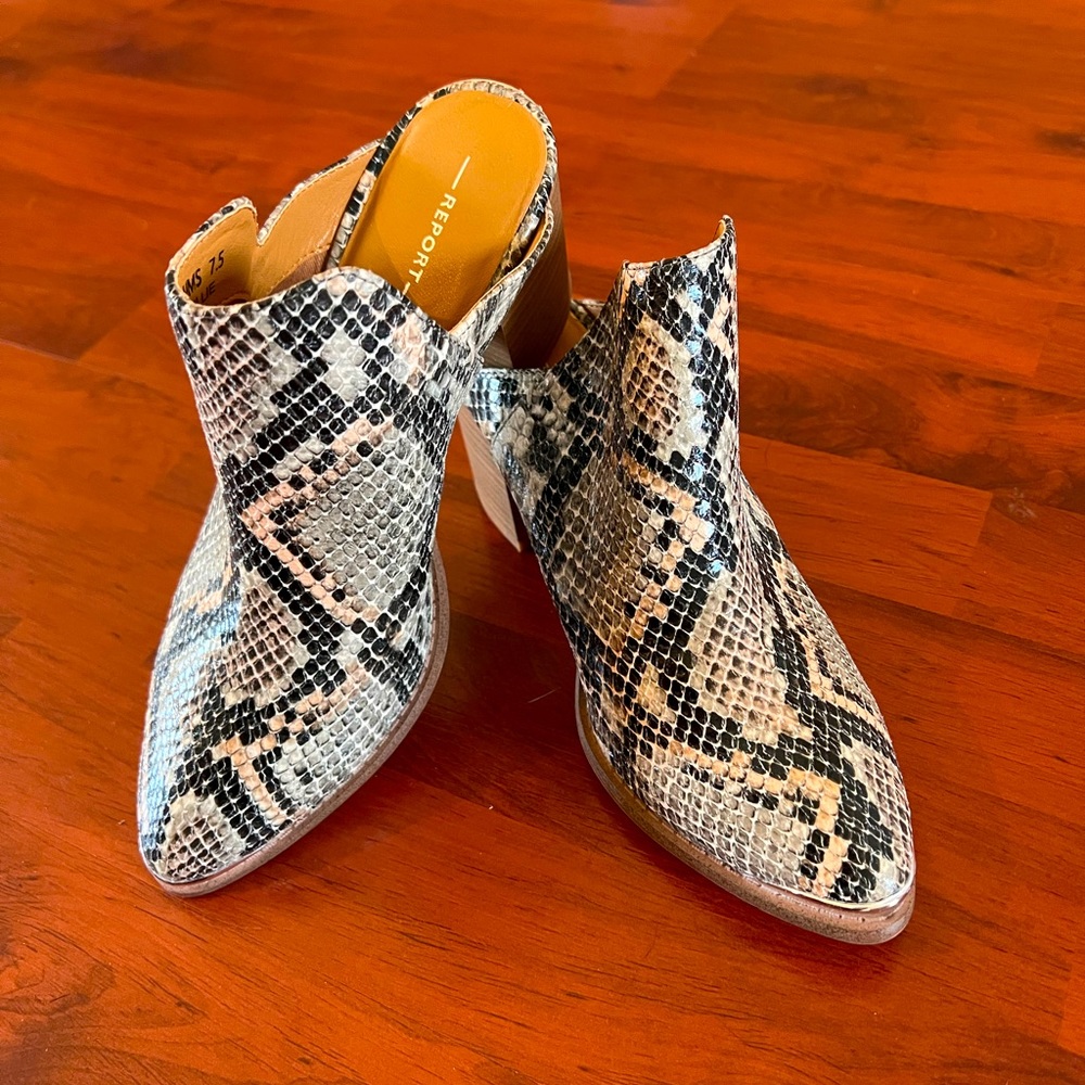 BRAND NEW, never worn Faux Snakeskin Booties/Mules, REPORT brand - size 7.5